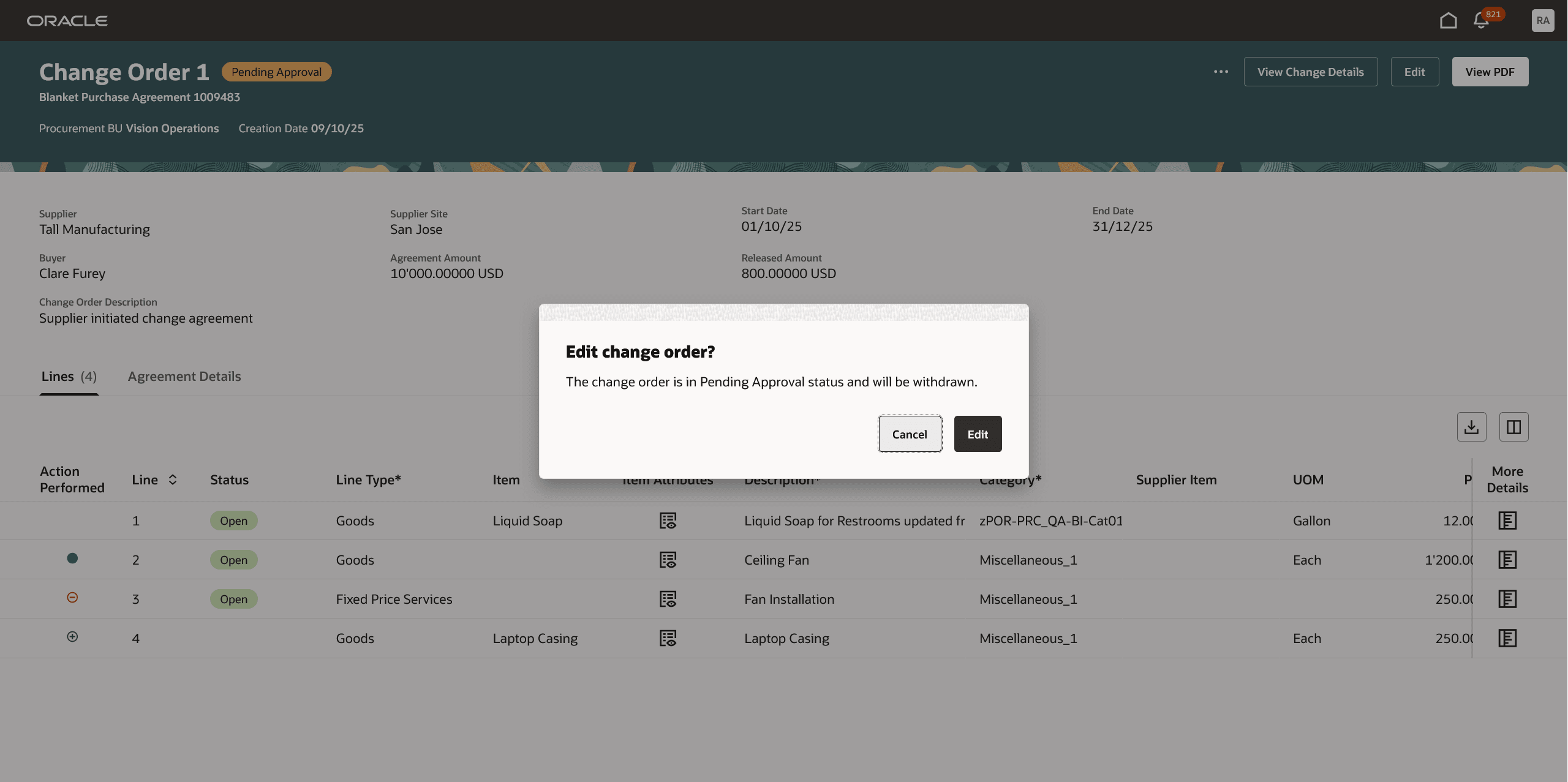承認待ちステータスの変更オーダーを編集する場合のダイアログ・メッセージ