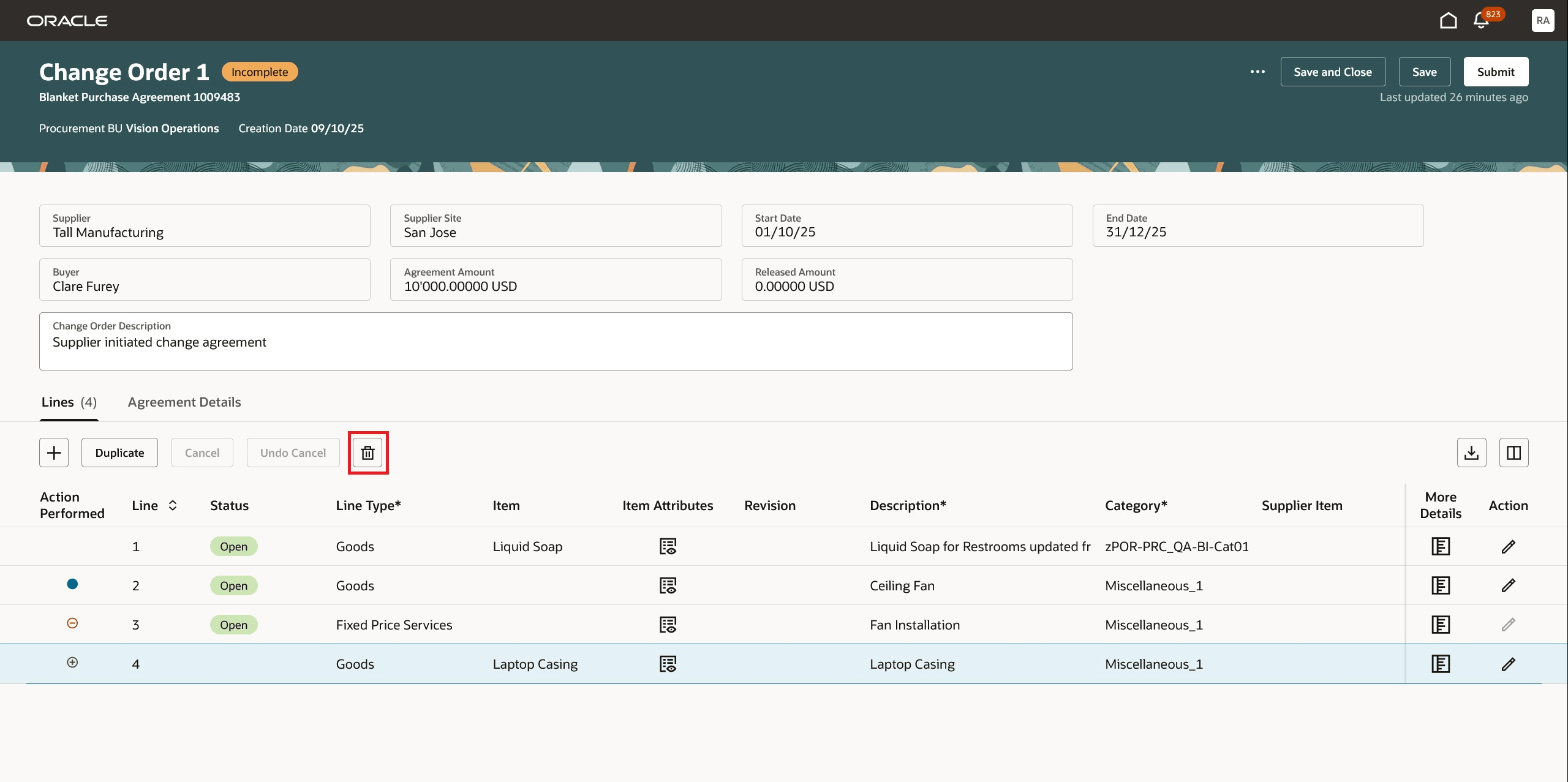 包括購買契約変更オーダーの「削除」ボタン