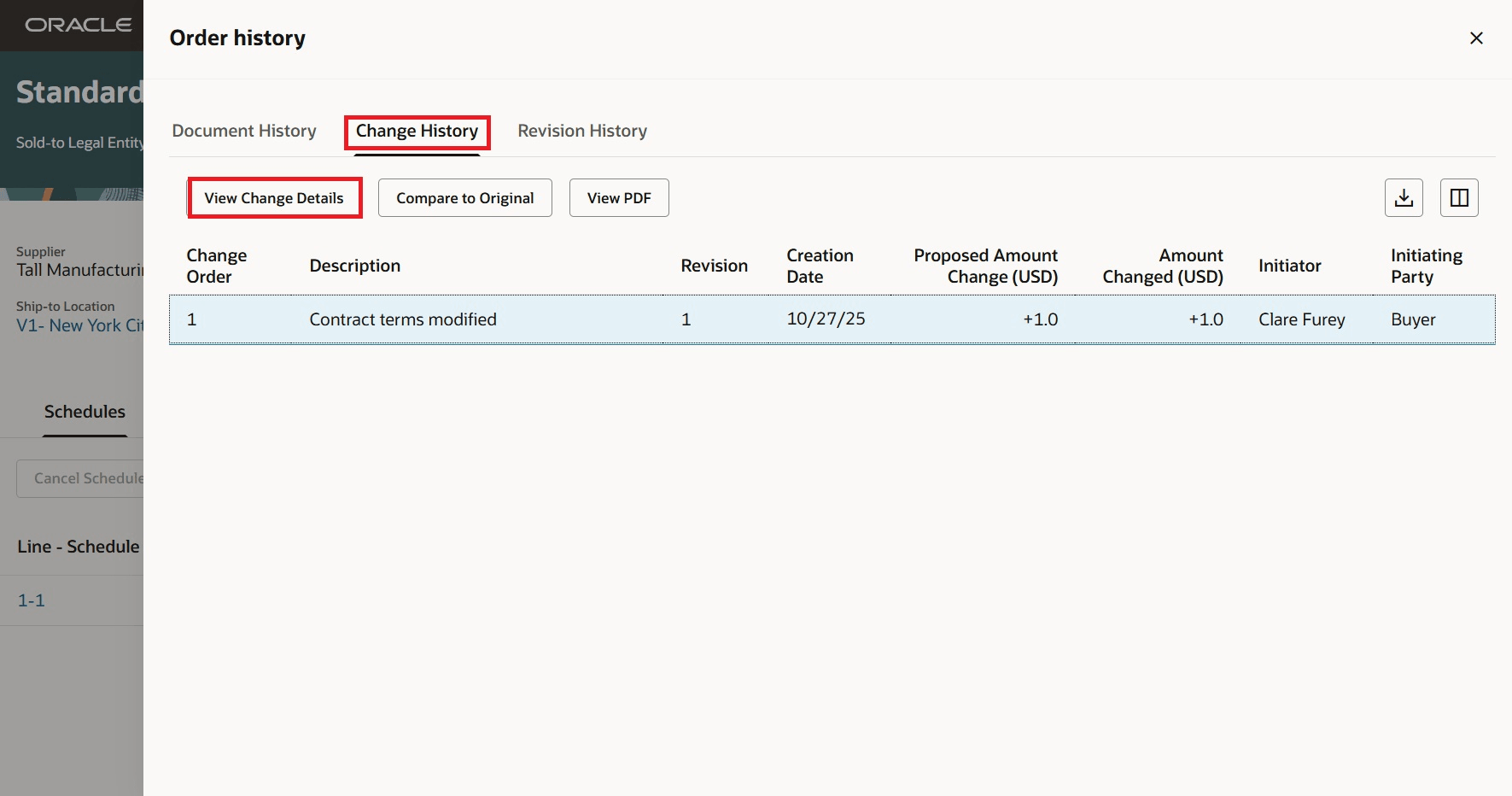 図: 変更詳細の表示ページの「契約条件」セクション- サプライヤ・ビュー