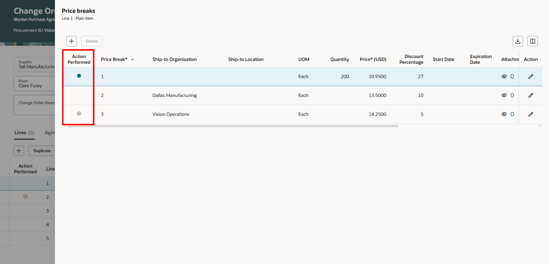 変更オーダー明細の価格分岐で実行される処理アイコン