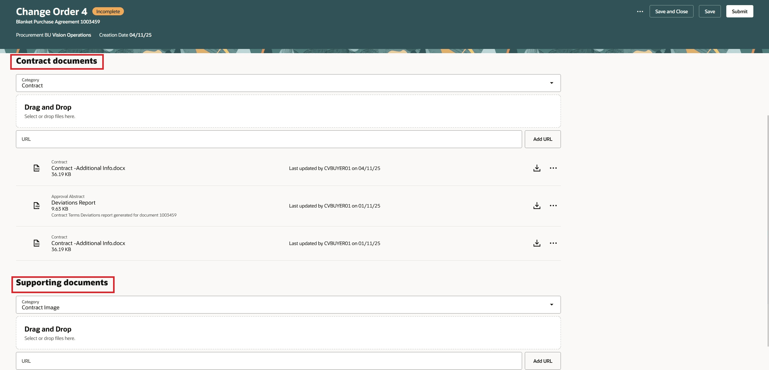 契約およびサポート文書を使用した契約条件の文書の追加、更新または削除