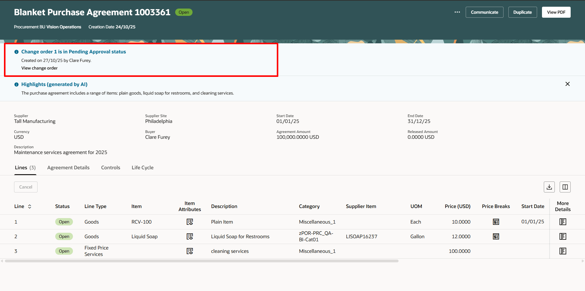 Redwood「購買契約の表示」ページからの変更オーダーの表示