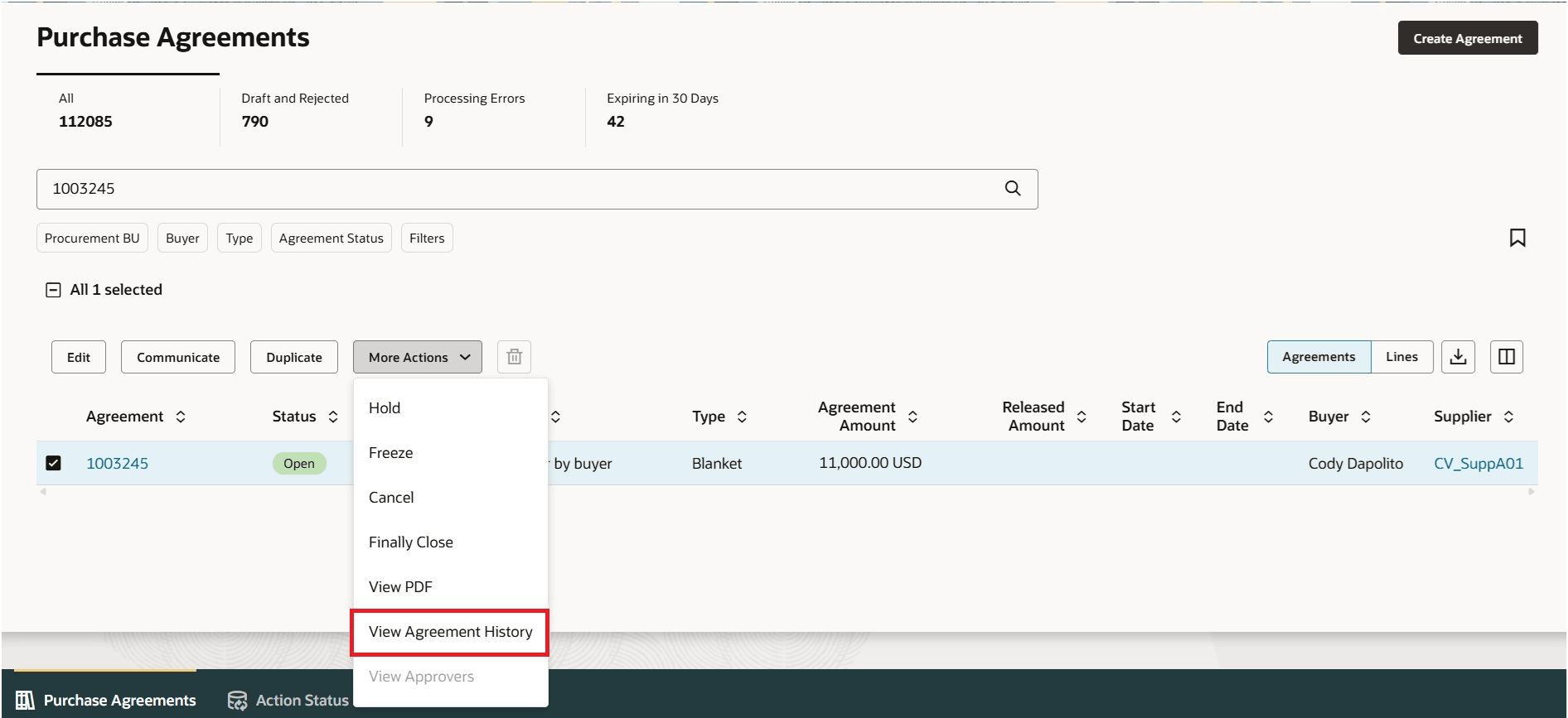 Redwoodの「購買契約」ページでの契約履歴処理の表示