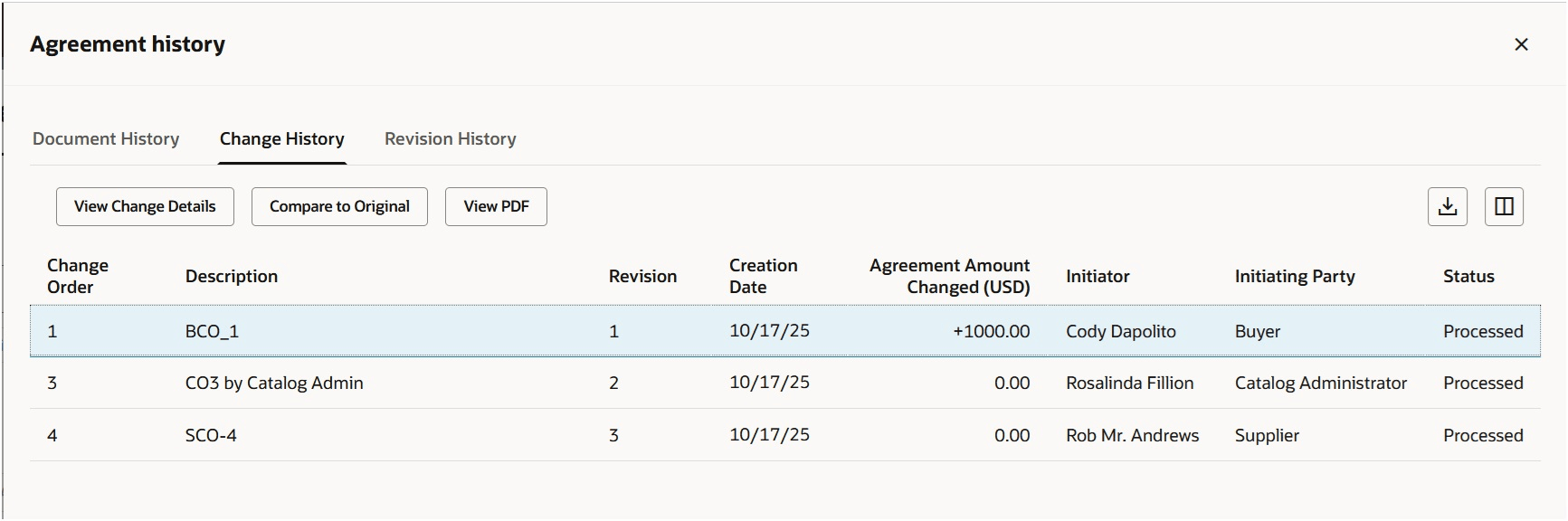 「変更履歴」タブの仕入先ビュー