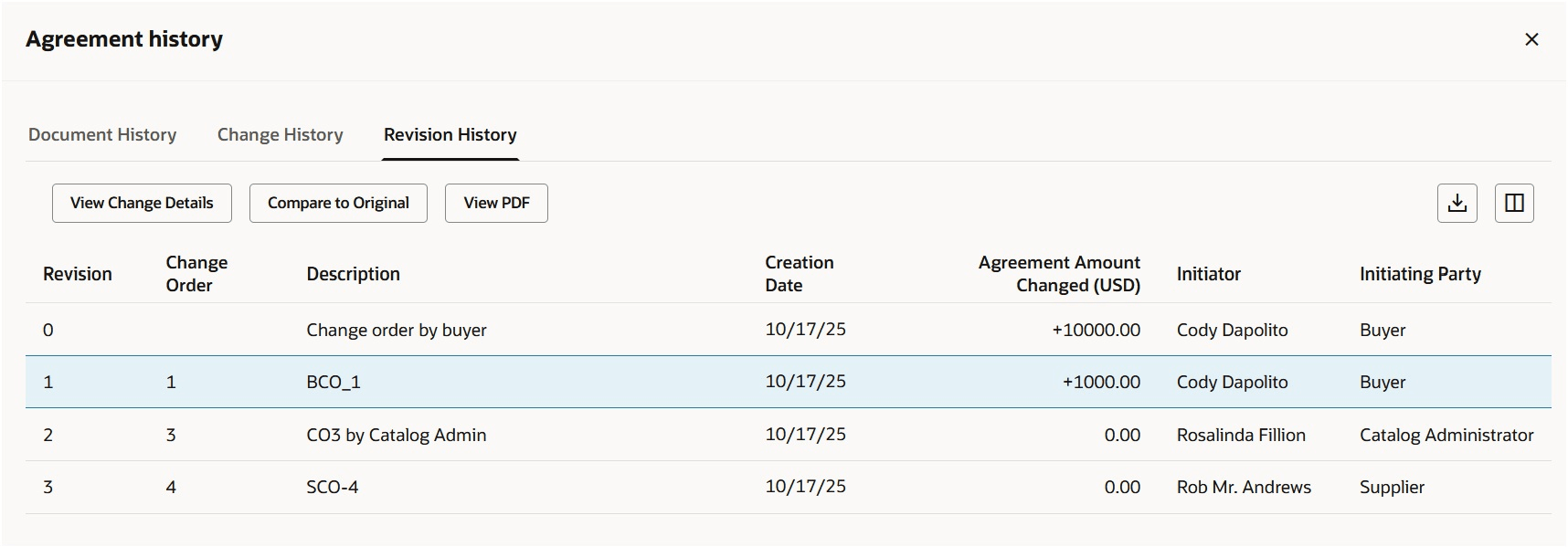 仕入先としての改訂履歴の表示