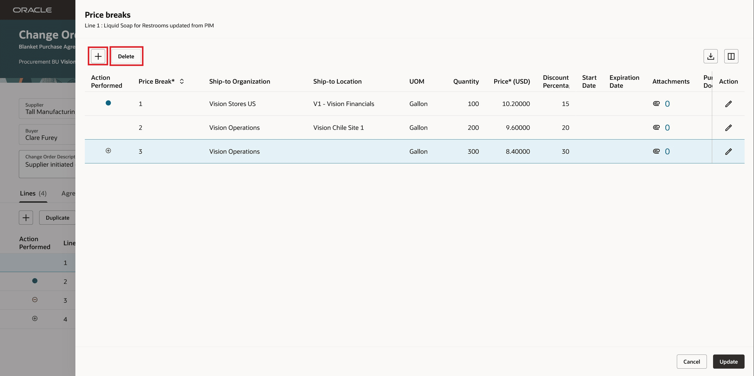 価格分岐の明細レベル処理の追加および削除