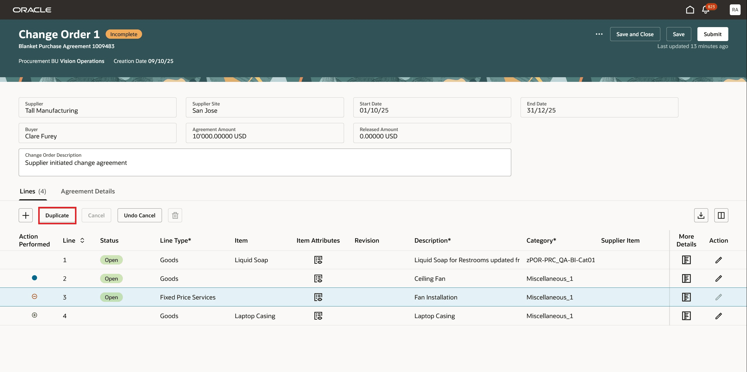 包括購買契約変更オーダーの「複製」ボタン