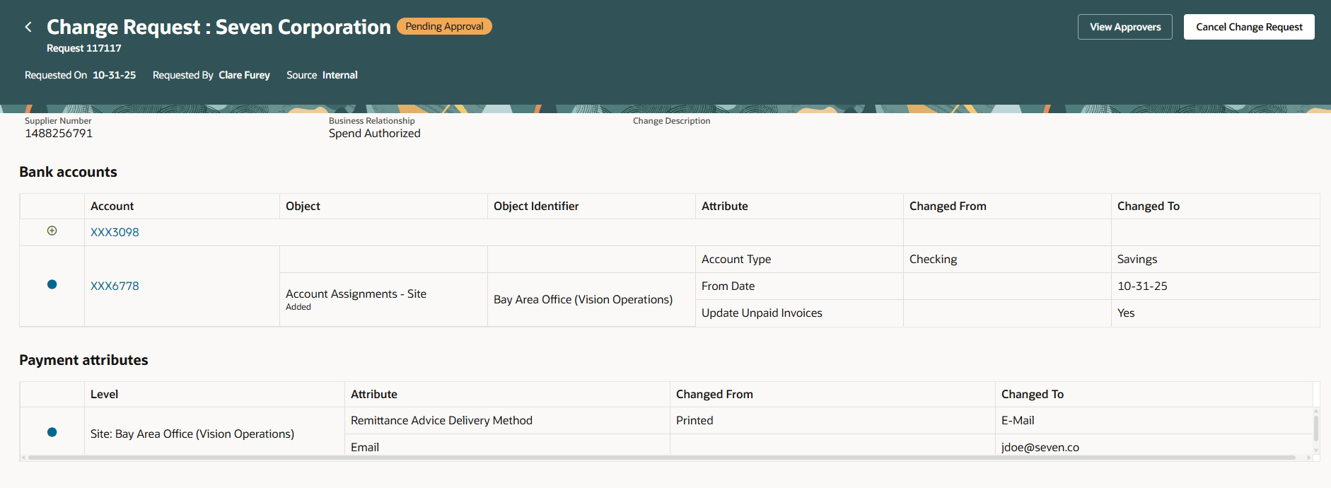 銀行口座および支払属性の変更による変更要求の表示