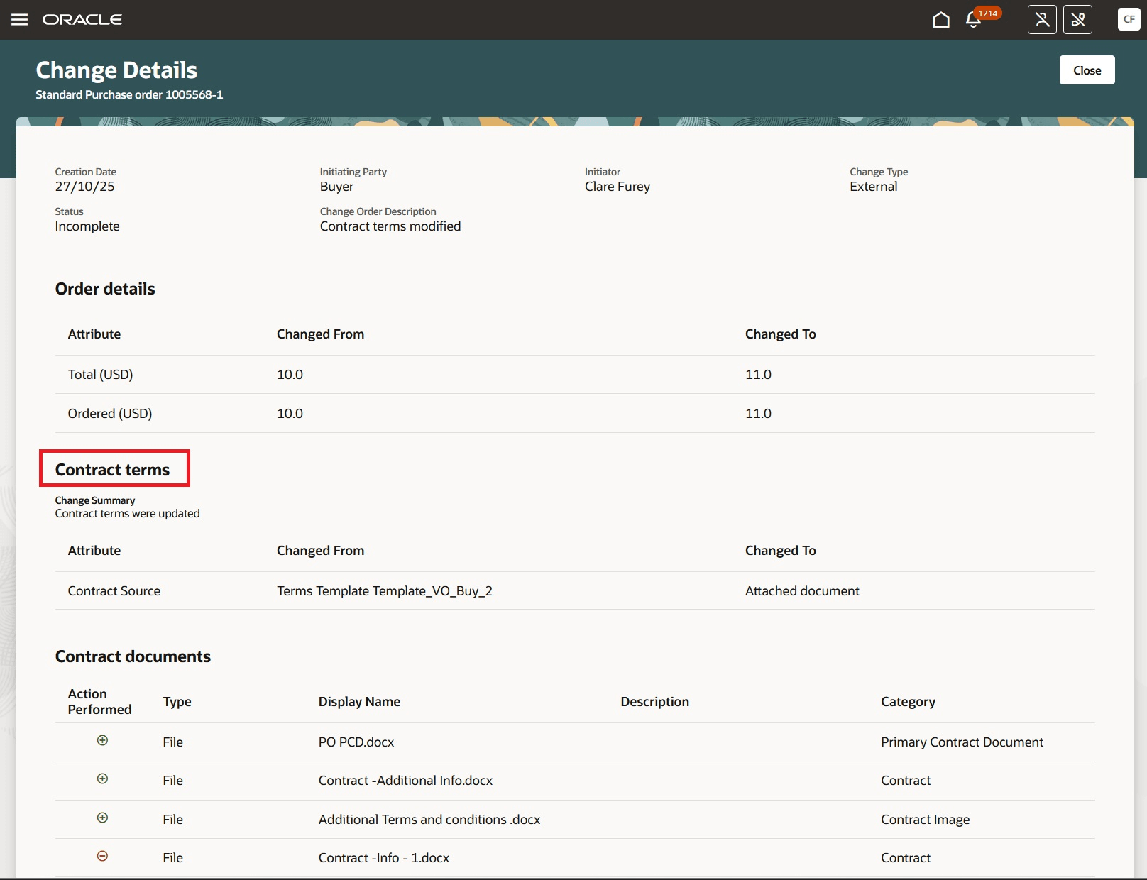 図: 変更詳細の表示ページの「契約条件」セクション- バイヤー・ビュー