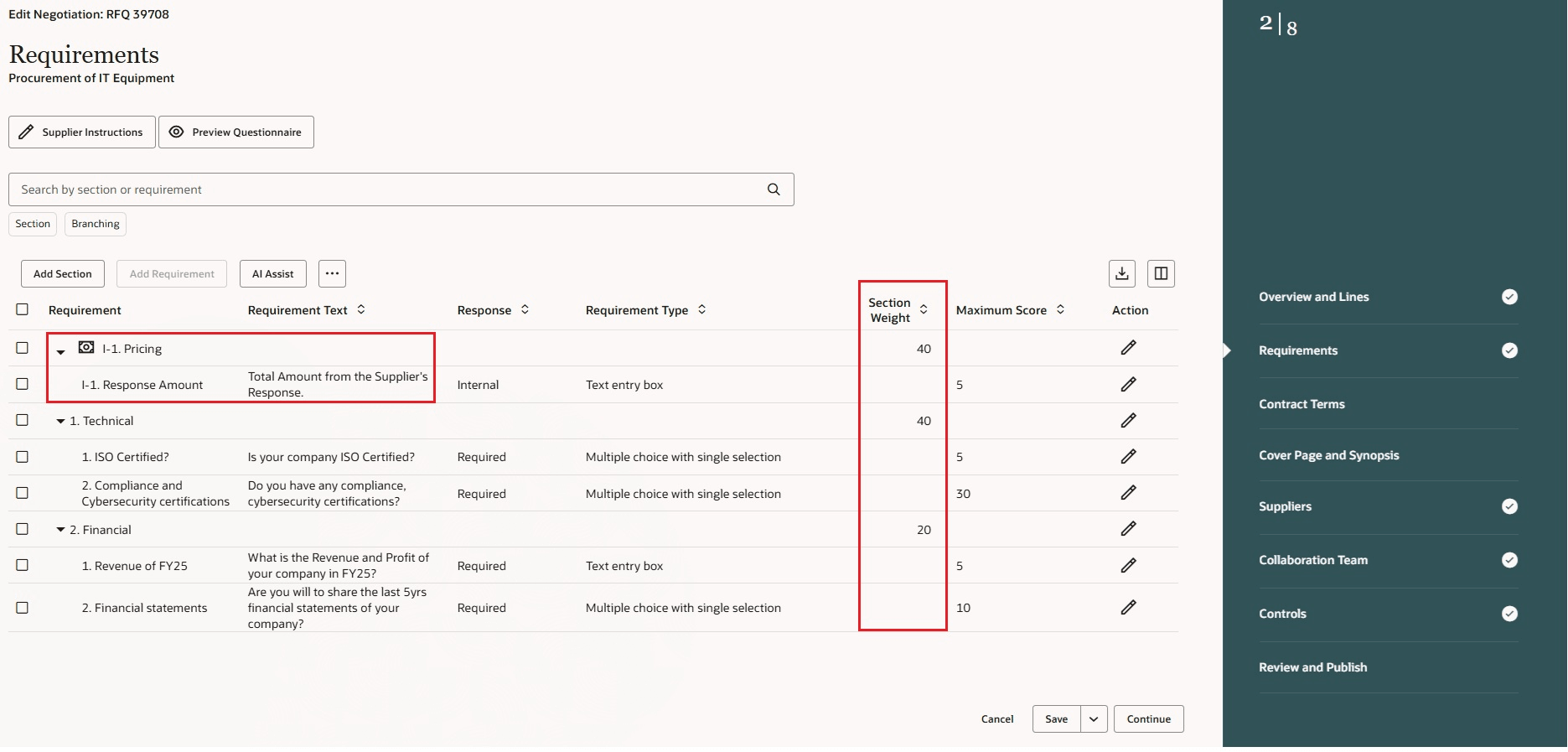 価格設定セクションへの重みの割当