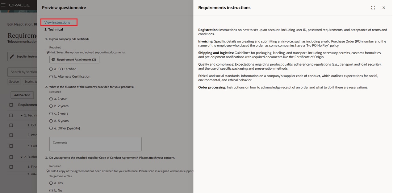 質問リストのプレビュー 指示の表示- 簡易ネゴシエーション