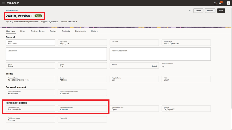 関連購買文書からドリルダウンすると、ソース・エンタープライズ契約が表示されます。