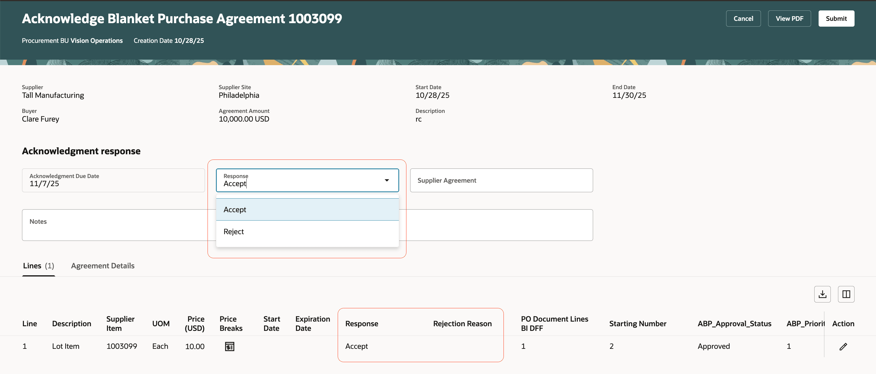 ヘッダーおよび明細レベルで応答