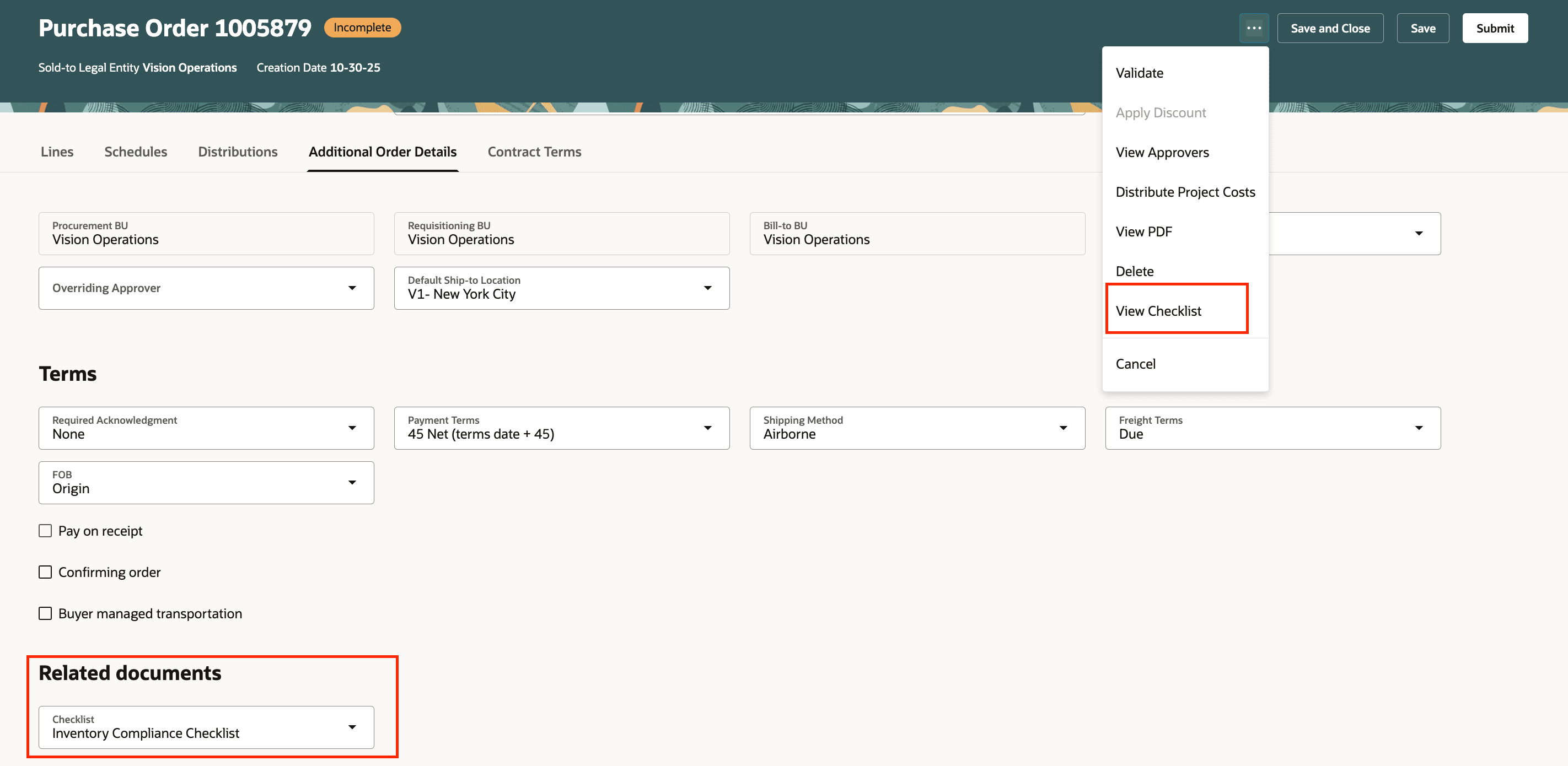 購買オーダーのチェックリスト処理の表示