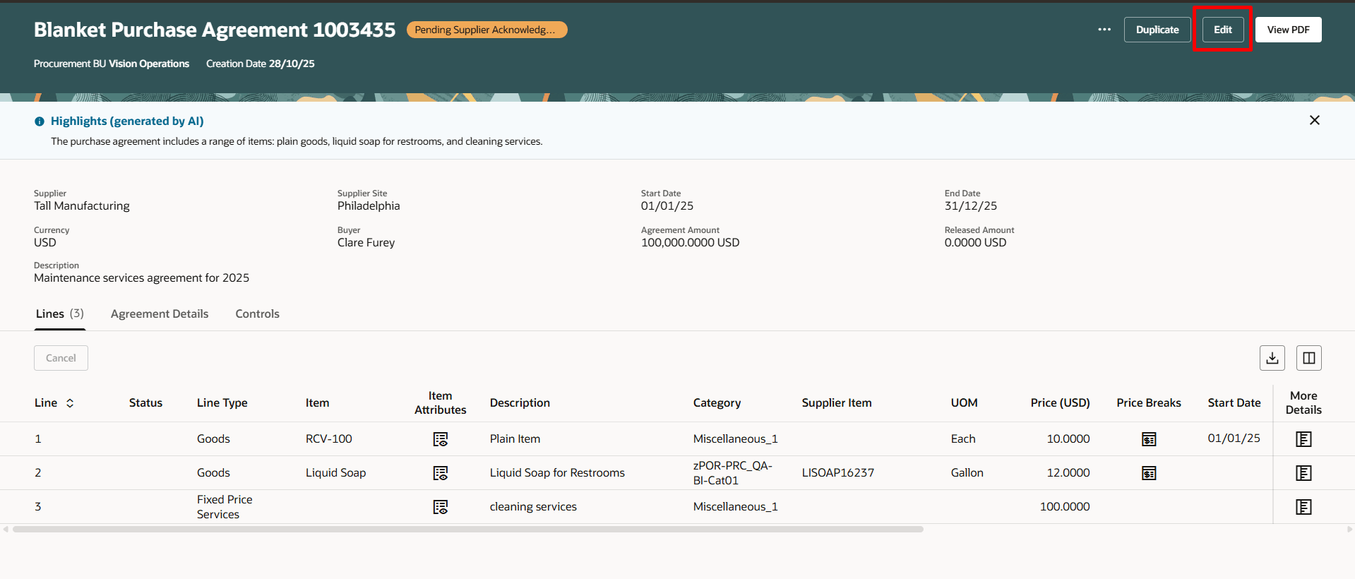購買契約の「編集」オプションを使用した変更オーダーの作成