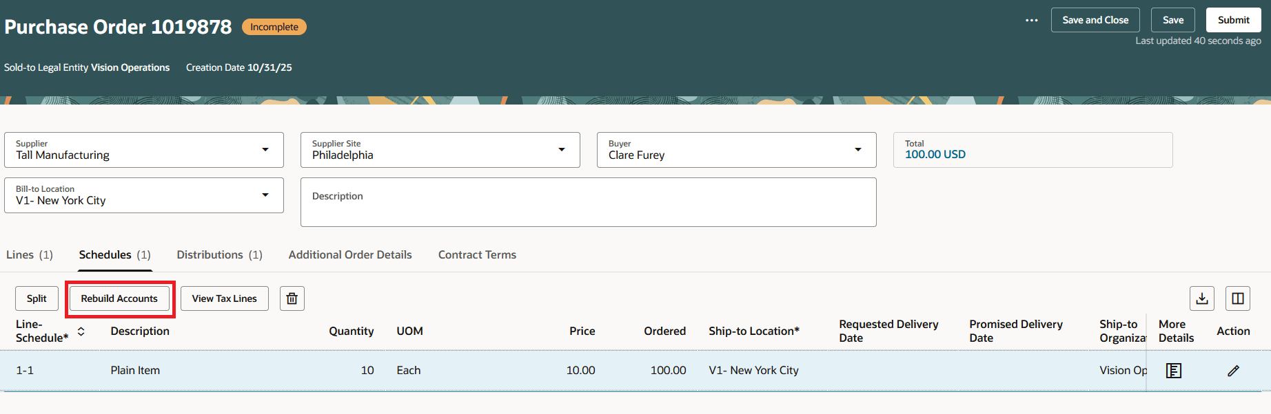 購買オーダー・スケジュールでのアカウントの再作成処理