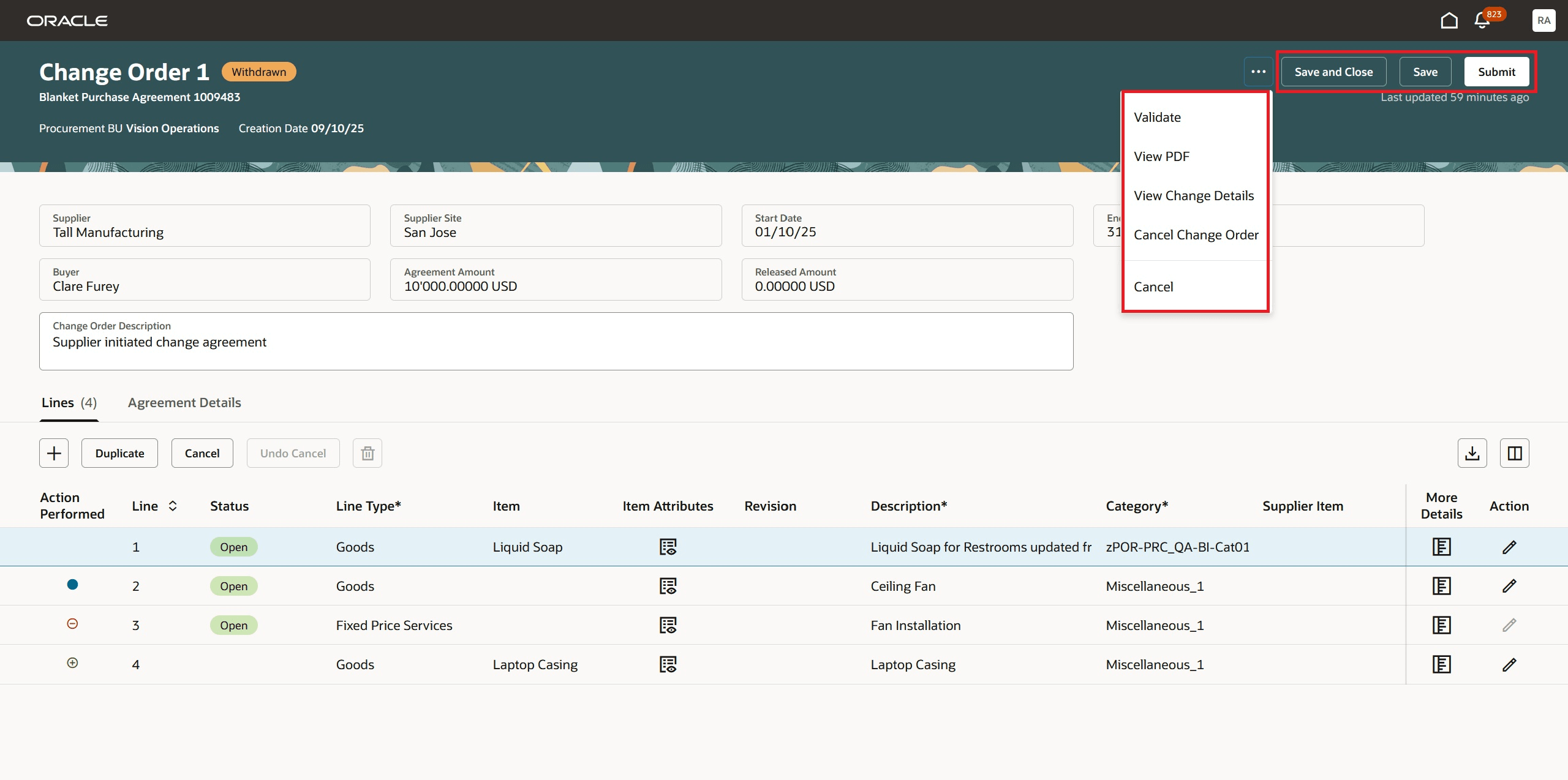サプライヤの変更オーダーの編集ページの処理