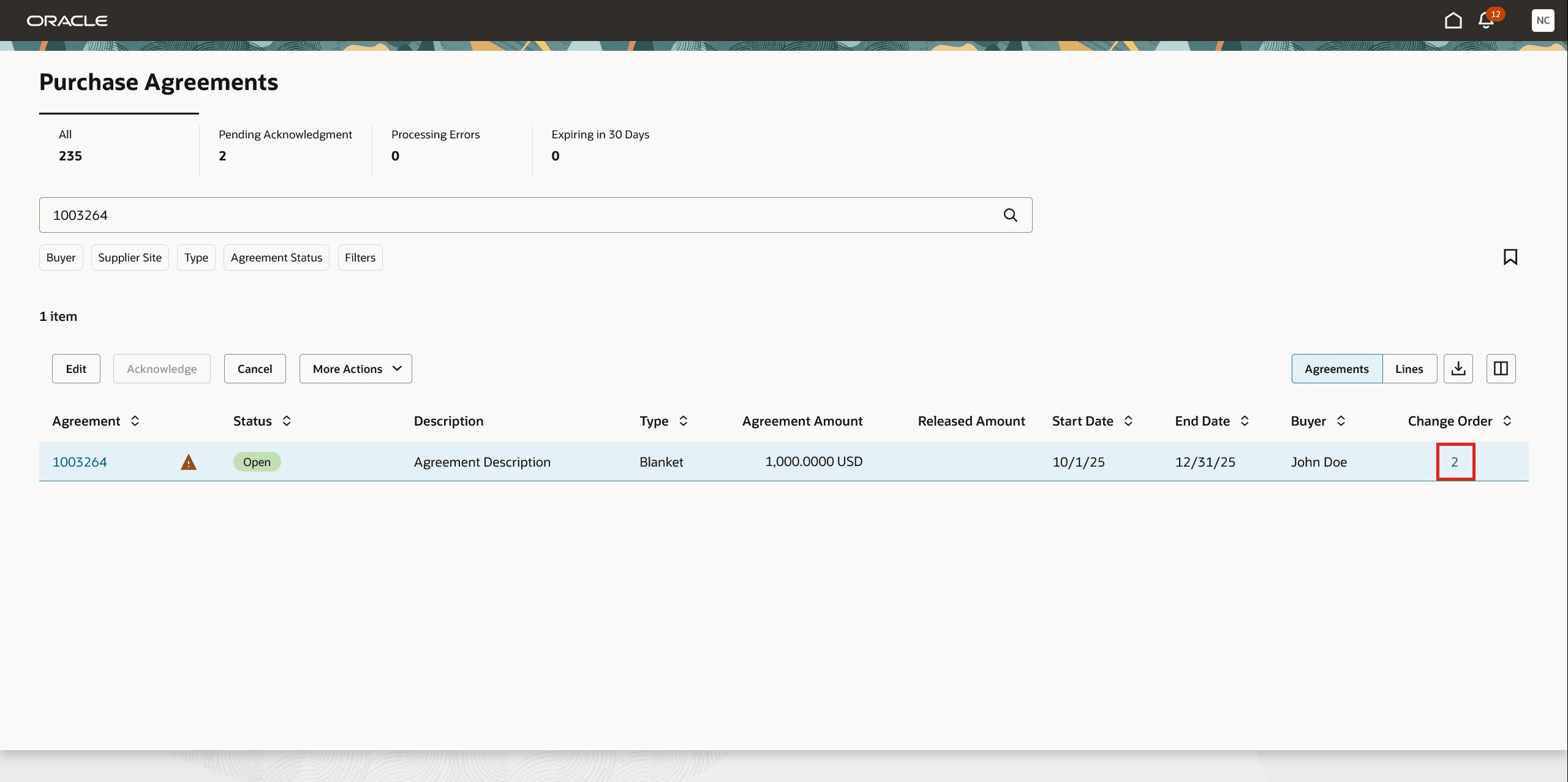 「変更オーダー」ハイパーリンクをクリックして、購買契約変更オーダーにナビゲートします。