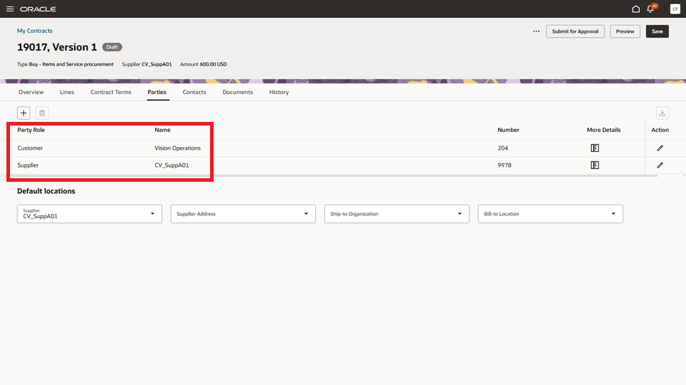 新規契約の「パーティ」タブに、顧客およびサプライヤ情報が移入されます。