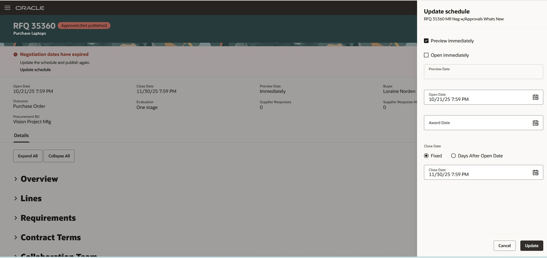 スケジュール・パネルのドロワーの更新