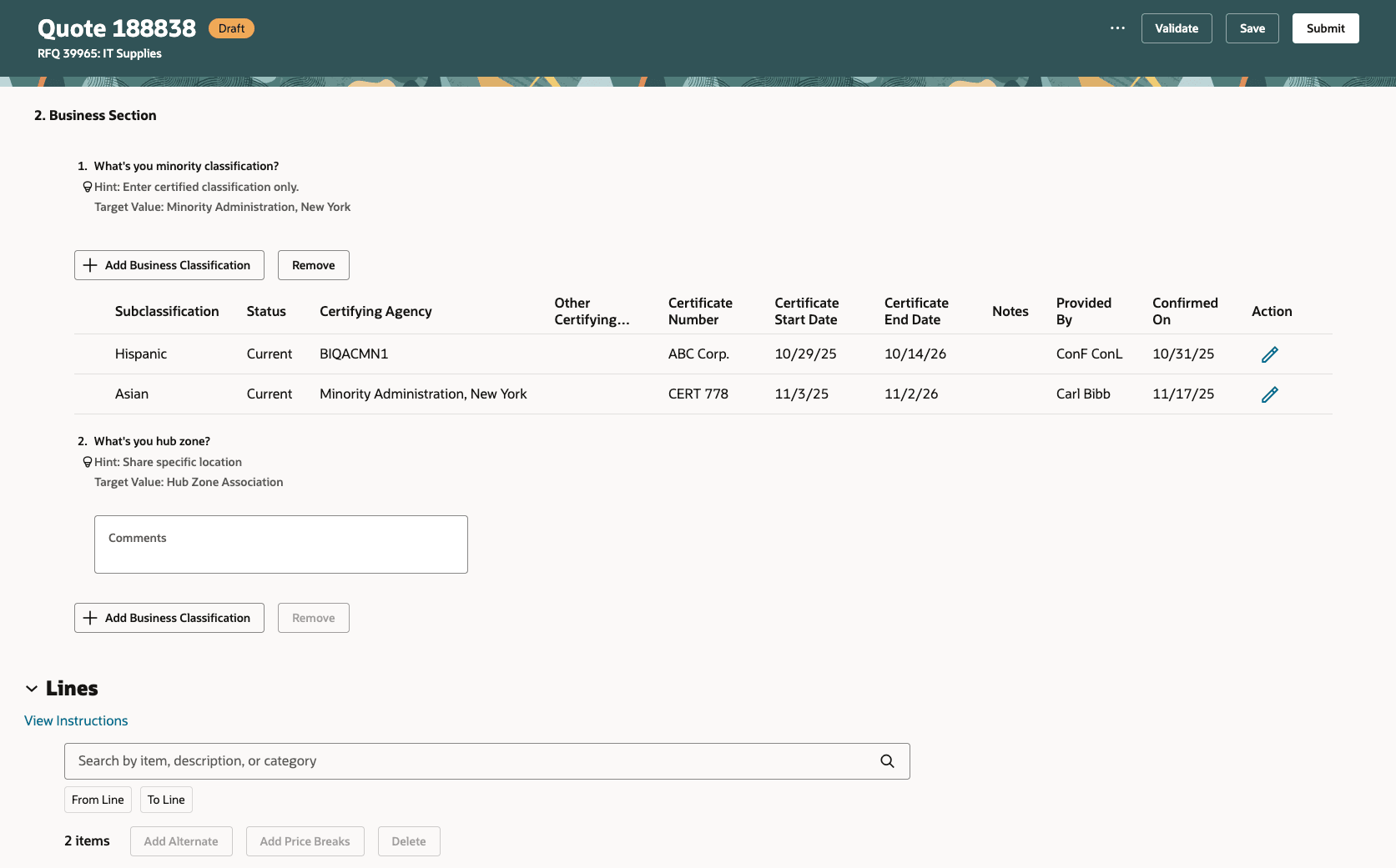 「応答の作成」でのビジネス分類の追加または更新