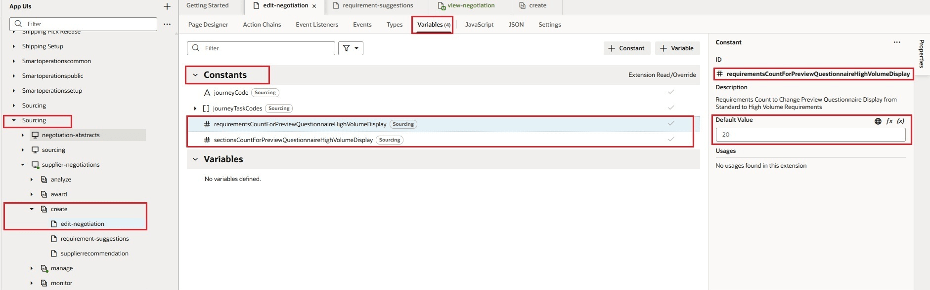 要件数およびセクション数のビジネス・ルール定数設定