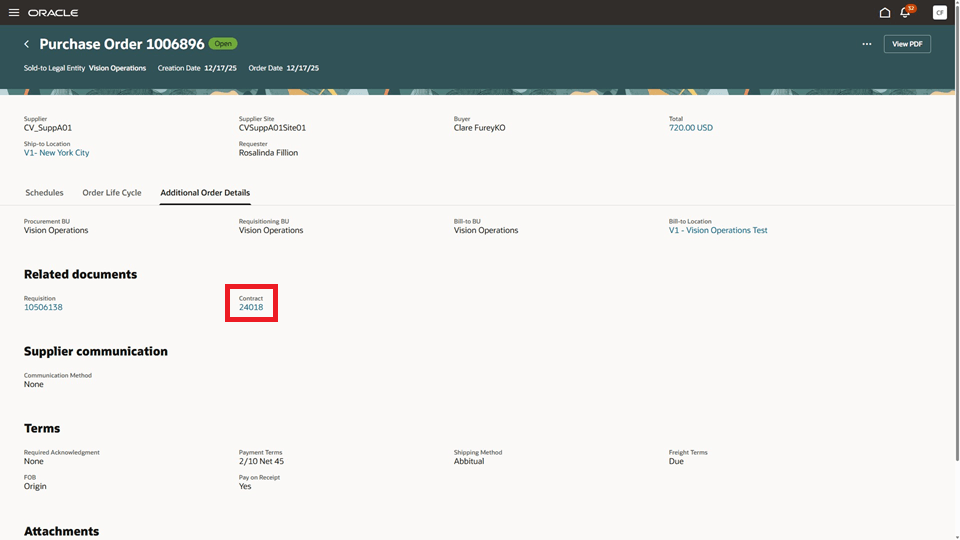 購買オーダーの「追加オーダー詳細」タブの契約参照