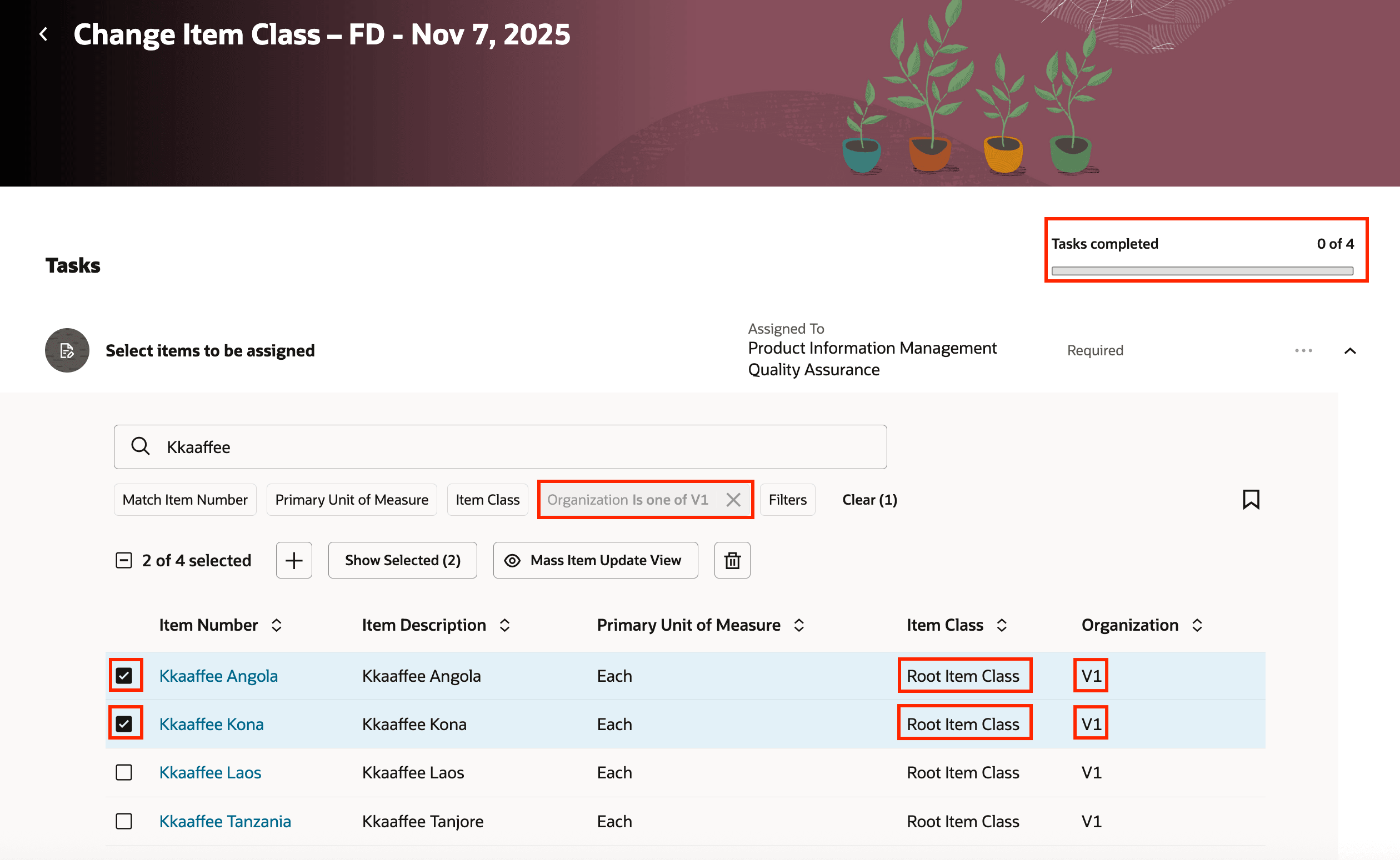 割当用に選択されたアイテム