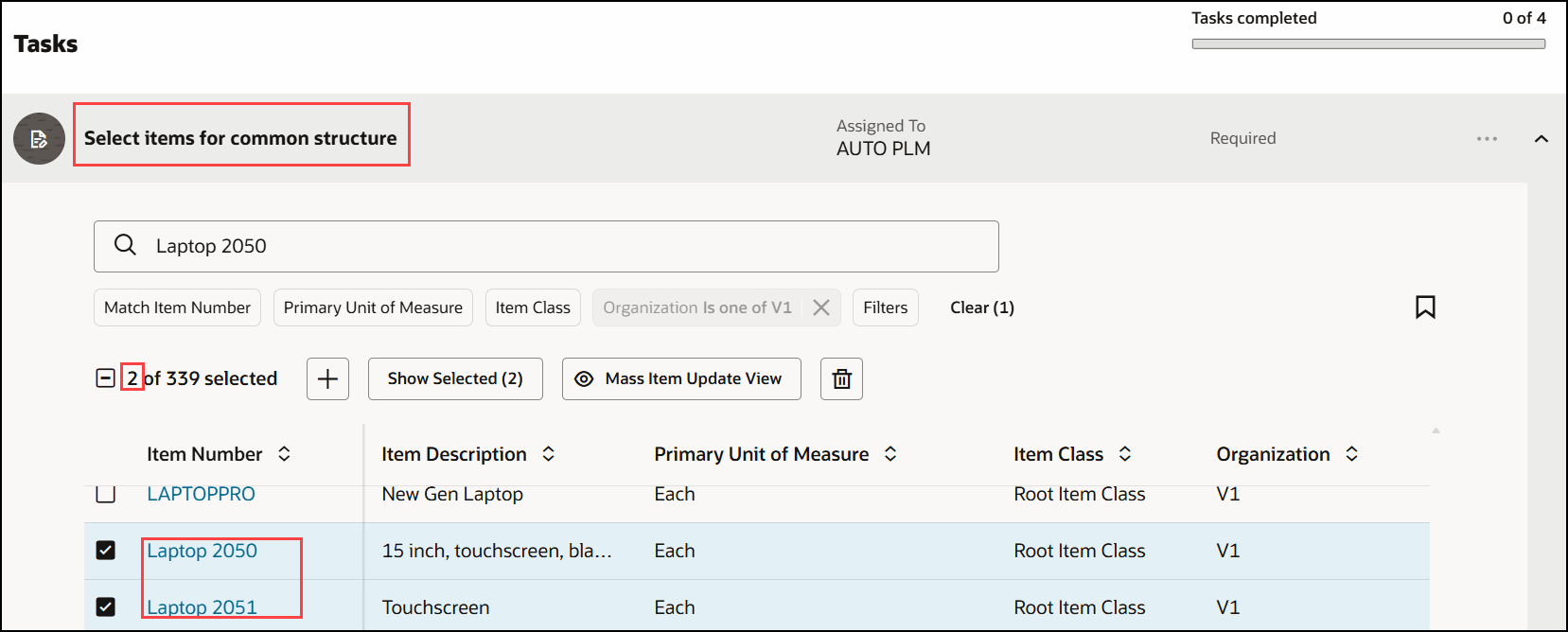 共通にするアイテムの選択