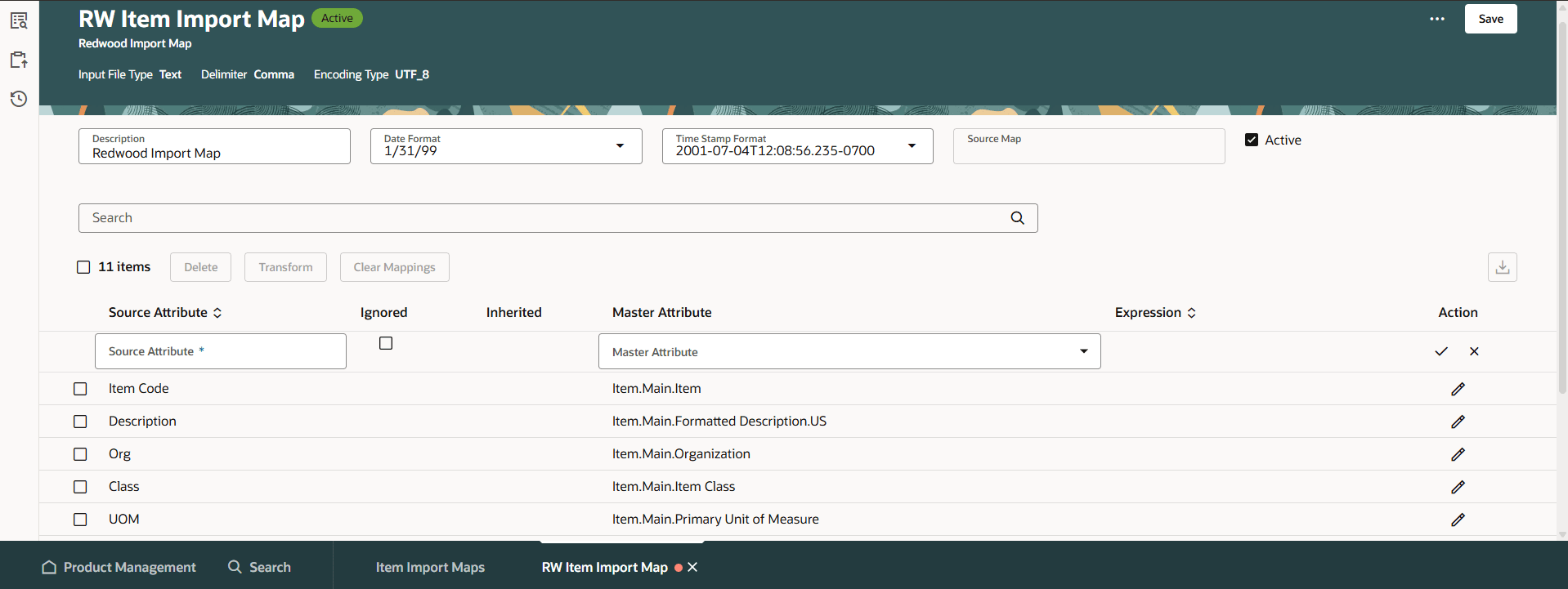 インポート・マップの編集ページ