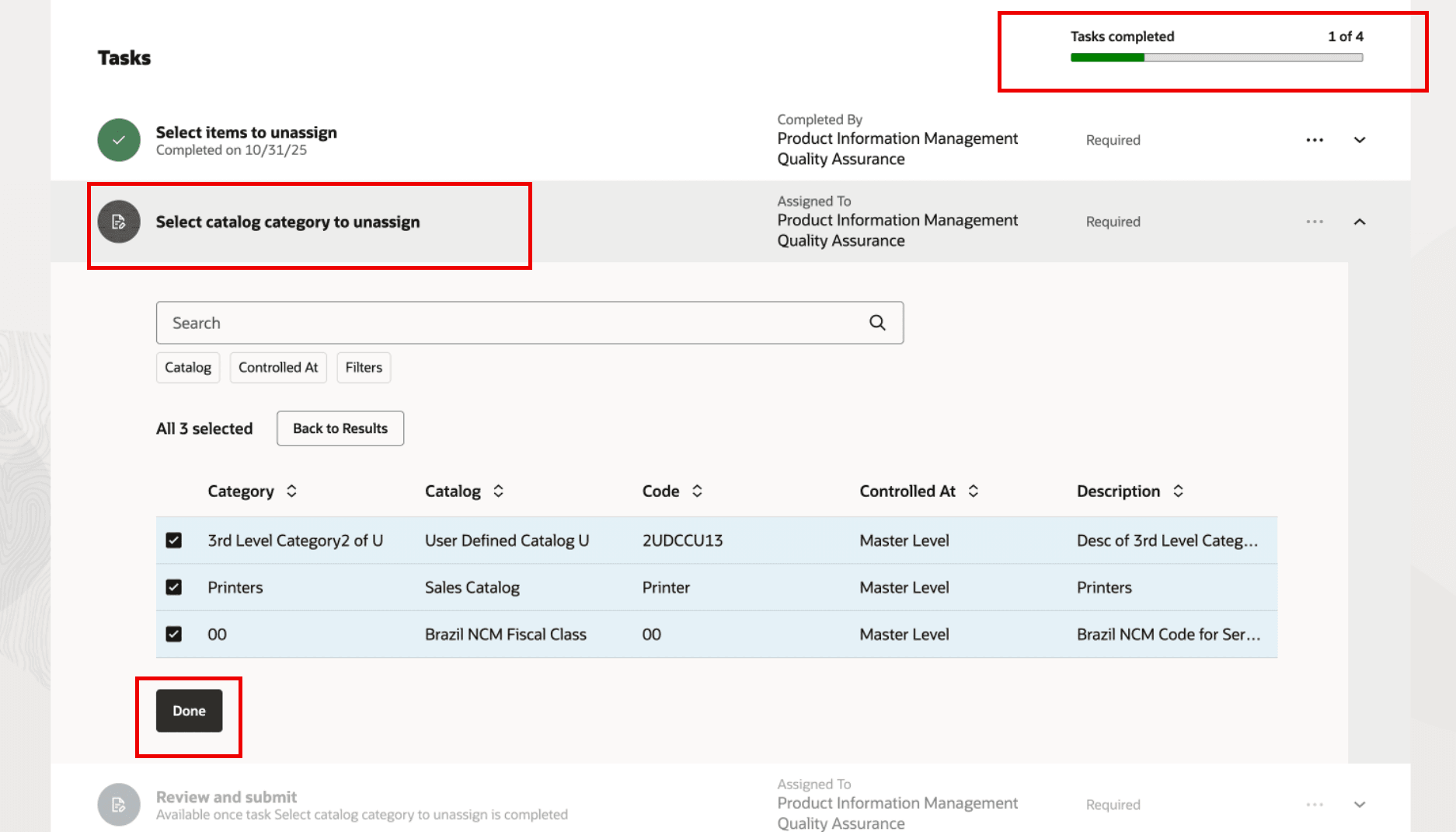 タスク: 割当解除するカタログ・カテゴリの選択