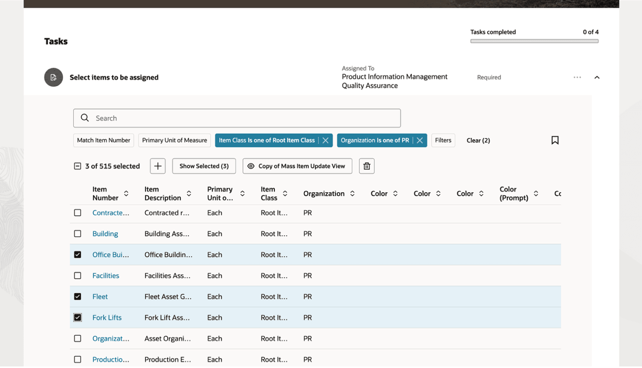 割当用に選択されたアイテム