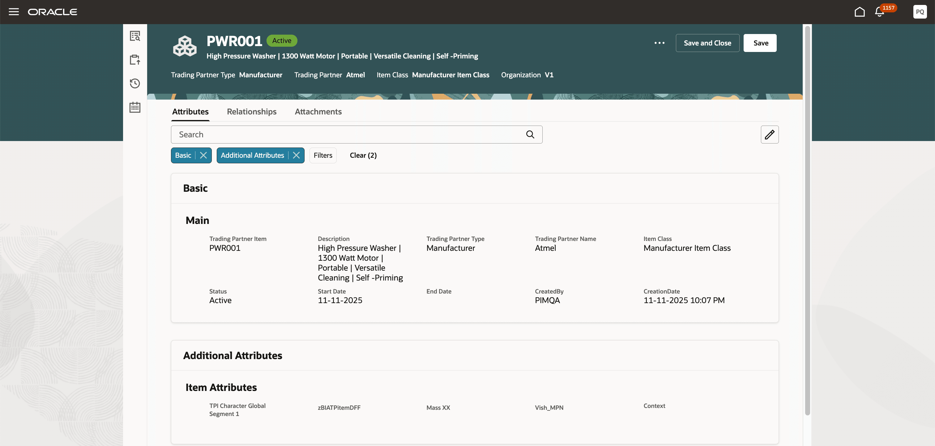 取引先品目- 「属性」タブ