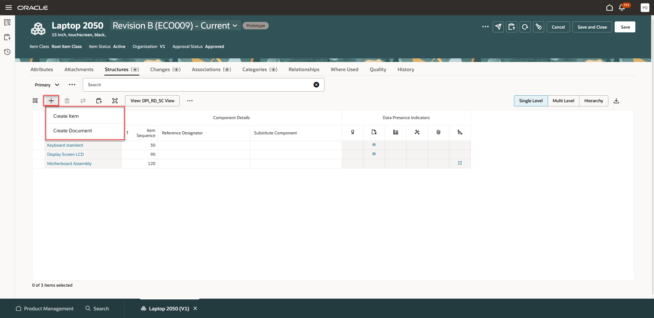 構成での新規品目の直接作成