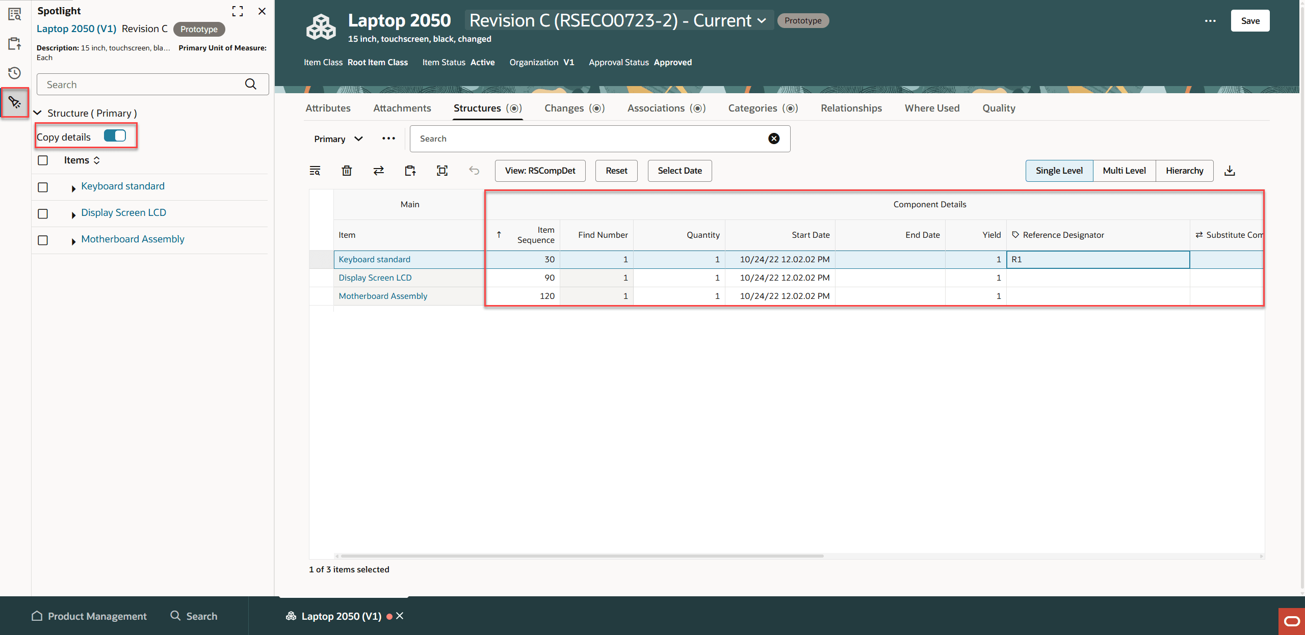 スポット・ライトからドラッグ・アンド・ドロップするとコピーされるコンポーネント・レベル属性