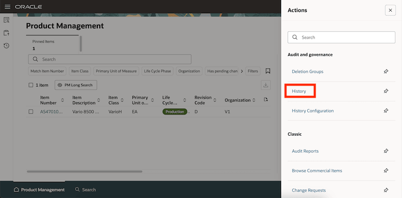 処理ドロワー- 履歴