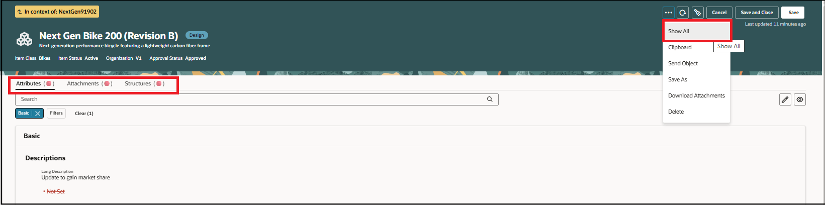 アイテムに対するすべてのアクションの表示