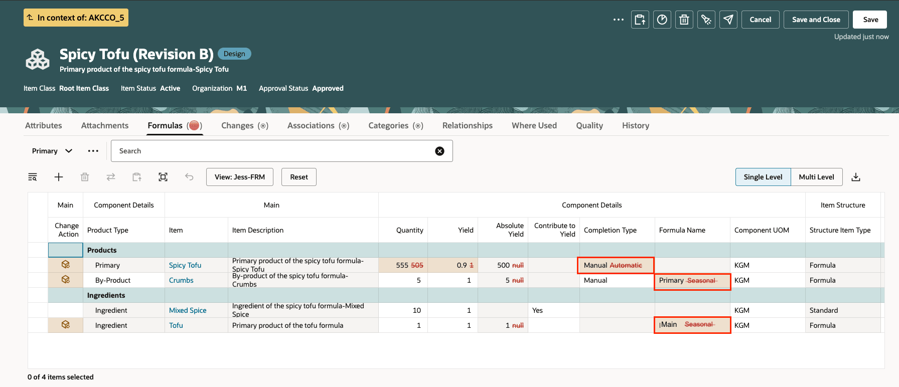 キャプション: 副産物および原料のプライマリ製品のレッドライン完了タイプおよびフォーミュラ名