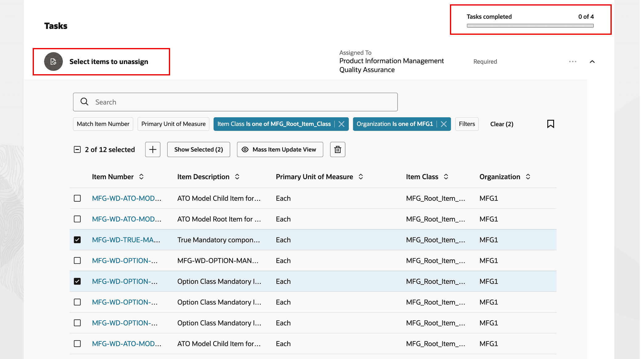 タスク: タスクを割当解除する品目の選択