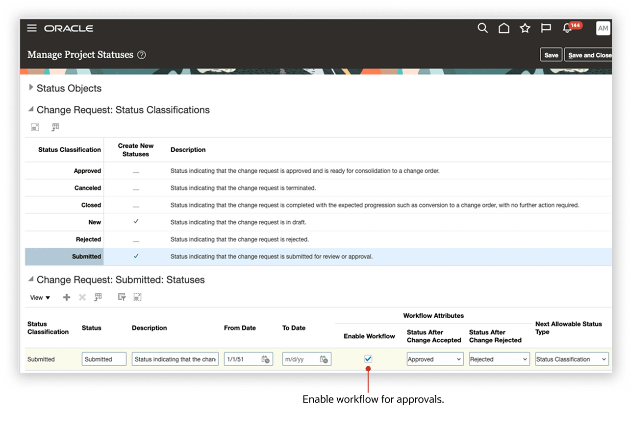 変更要求ステータス分類およびワークフロー設定が表示された「プロジェクト統計の管理」設定ページのスクリーンショット。