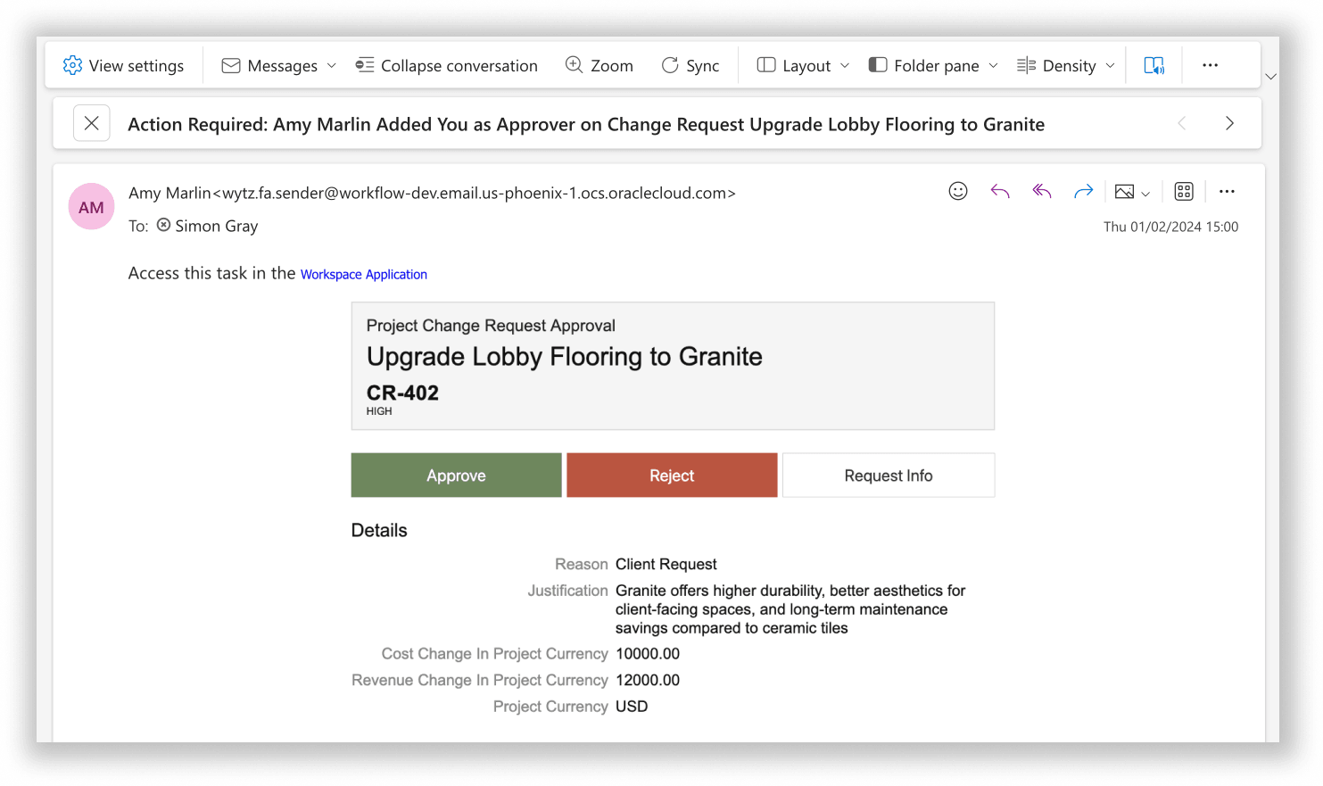 プロジェクト変更要求の承認を要求するEメール通知のスクリーンショット。