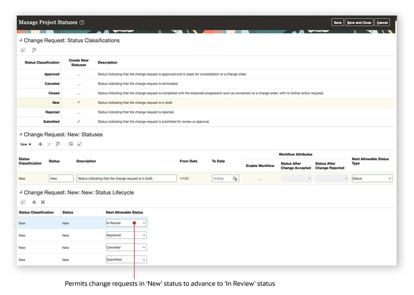 「プロジェクト統計の管理」設定ページのスクリーンショットで、次の許容ステータスが表示されています。