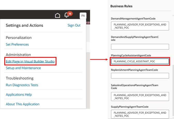 Visual Builder Studioのページの編集およびPlanningCycleAssistantAgentCode定数の設定