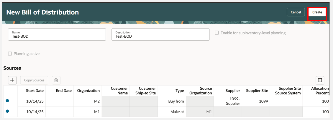 「作成」ボタンをクリックして新規物流構成表を作成します