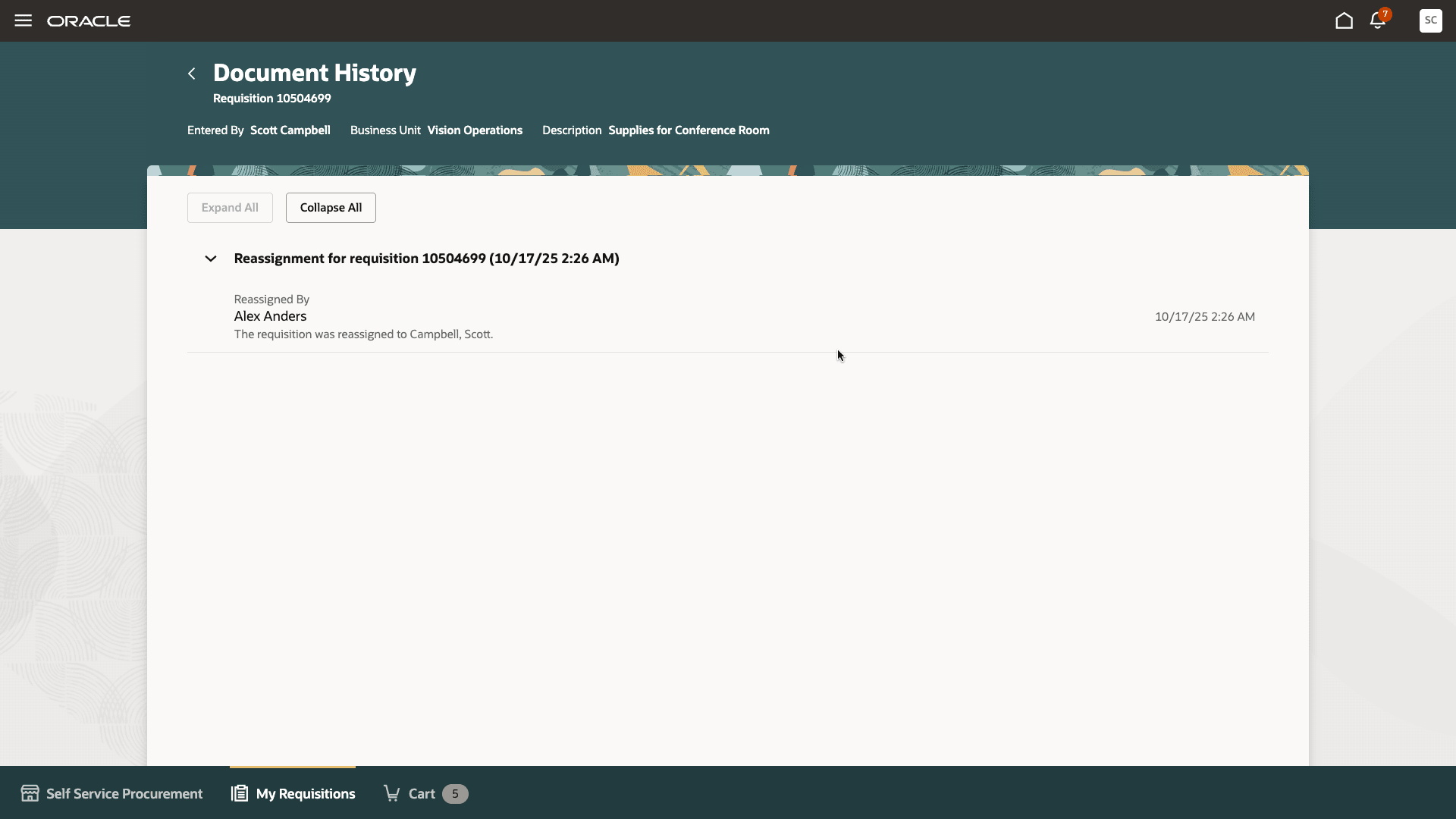 下書き購買依頼の再割当の詳細の表示