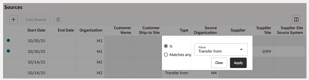 ソースのタイプ列の列フィルタ