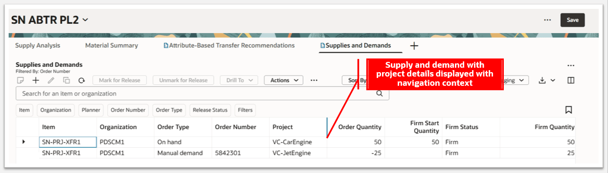 「供給および需要」ページにナビゲーション・コンテキストとともに詳細が表示されます