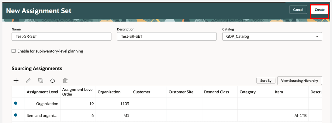 「Create(作成)」ボタンをクリックして新規アサイメント・セットを作成します。