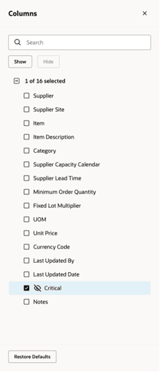 列の表示および配置