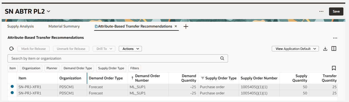 列フィルタの適用後に表示される結果